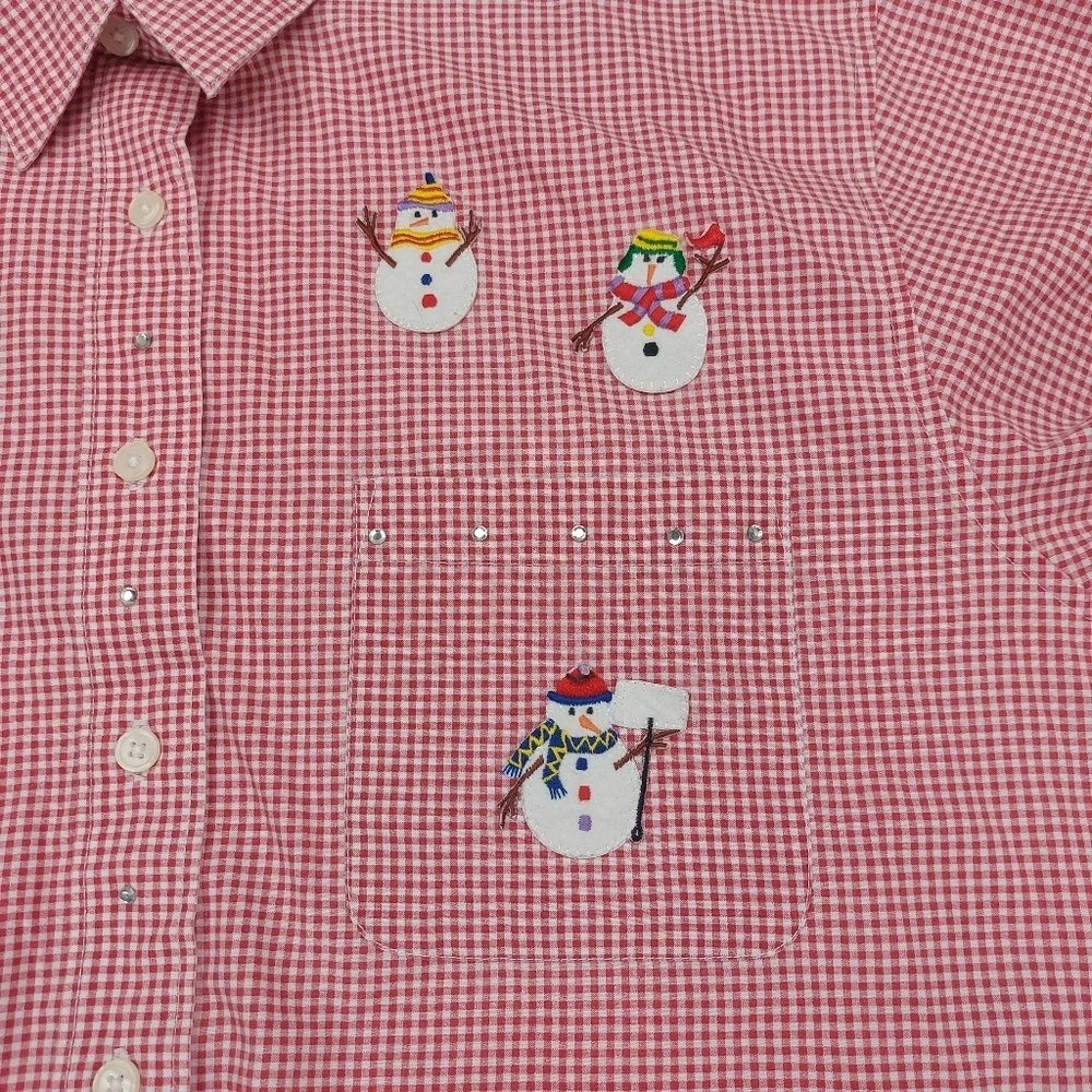 LAS OLAS WOMENS VINTAGE RED WHITE GINGHAM SNOWMAN HOLIDAY CHRISTMAS BUTTON UP L - Picture 4 of 9